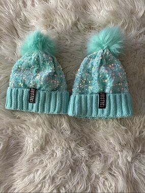 Justice Mint Sequin Pom Pom Knit Beanie